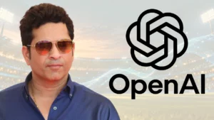 Sachin Tendulkar pictured alongside the OpenAI logo against a cricket stadium and artificial intelligence-themed background.