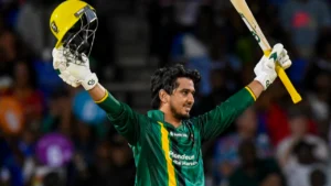 Saim Ayub celebrates with his bat and helmet during CPL 2026