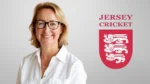 Sarah Gomersall alongside the Jersey Cricket logo