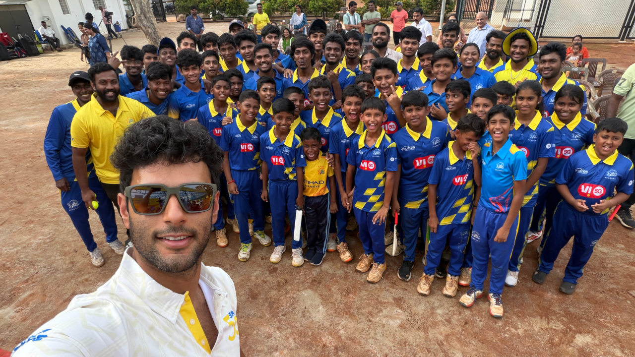 Shivam Dube with young cricketers at the launch of Super Kings Academy’s 50th center in Chennai.