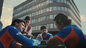 Indian cricketers Shreyas Iyer, Vaibhav Sooryavanshi and Abhishek Sharma featured together in a promotional scene.