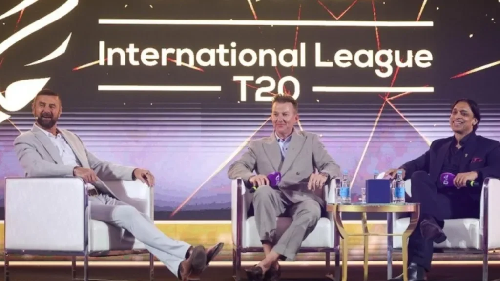 Doull, Brett Lee and Shoaib Akhtar during a panel discussion at the DP World ILT20 Season 5 launch gala.