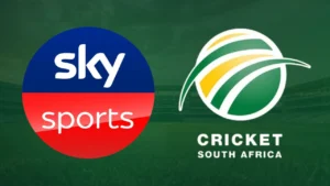 Sky Sports and Cricket South Africa (CSA) logos displayed against a cricket stadium background.