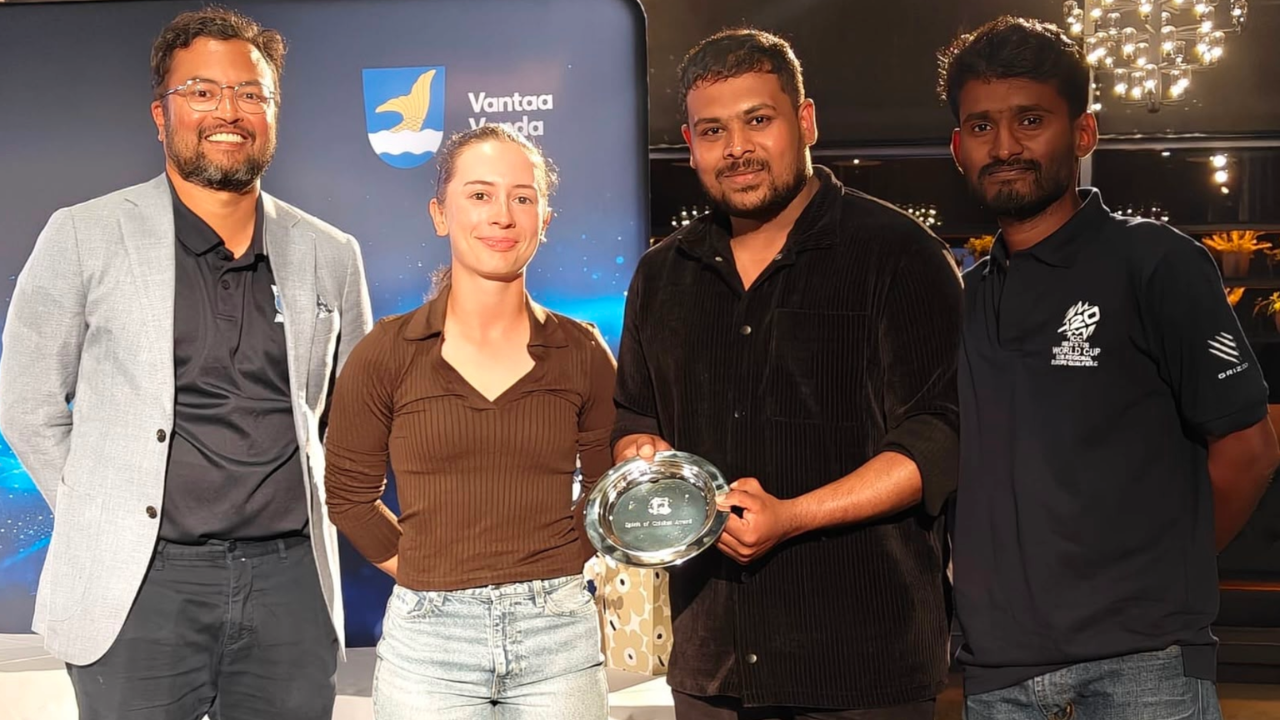 Spirit of Cricket Award recipients at the World Cup Qualifiers in Finland with Andrew Wright of ICC Europe and James Overy of MCC