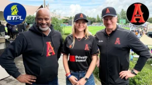 Steve Waugh and Noor van Rietschote pictured with the Amsterdam Flames at the European T20 Premier League.