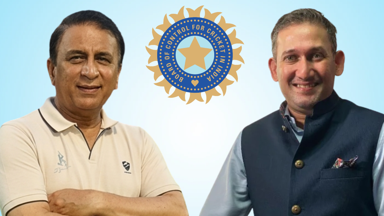 Sunil Gavaskar and Ajit Agarkar pictured alongside the BCCI logo.