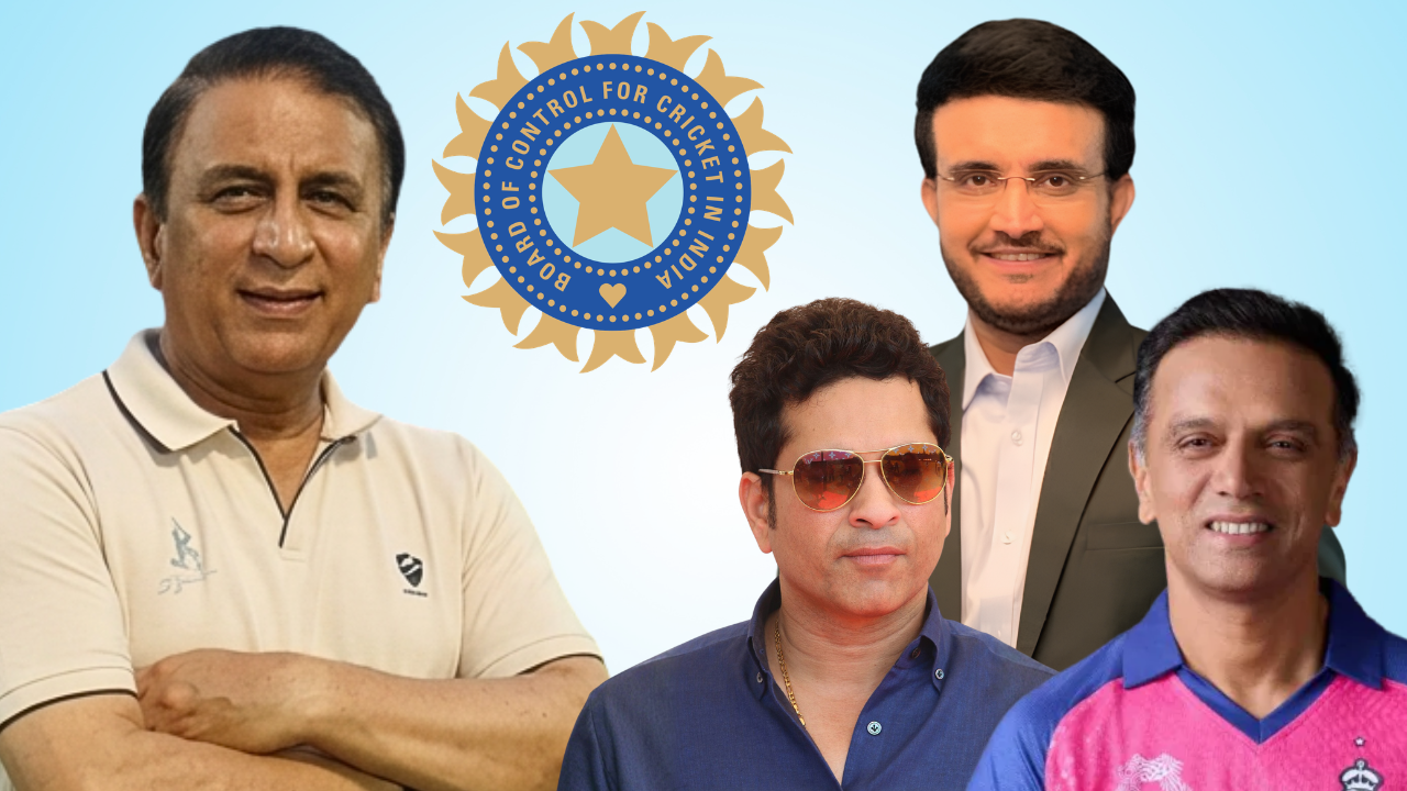 Sunil Gavaskar, Sachin Tendulkar, Rahul Dravid and Sourav Ganguly alongside the BCCI logo