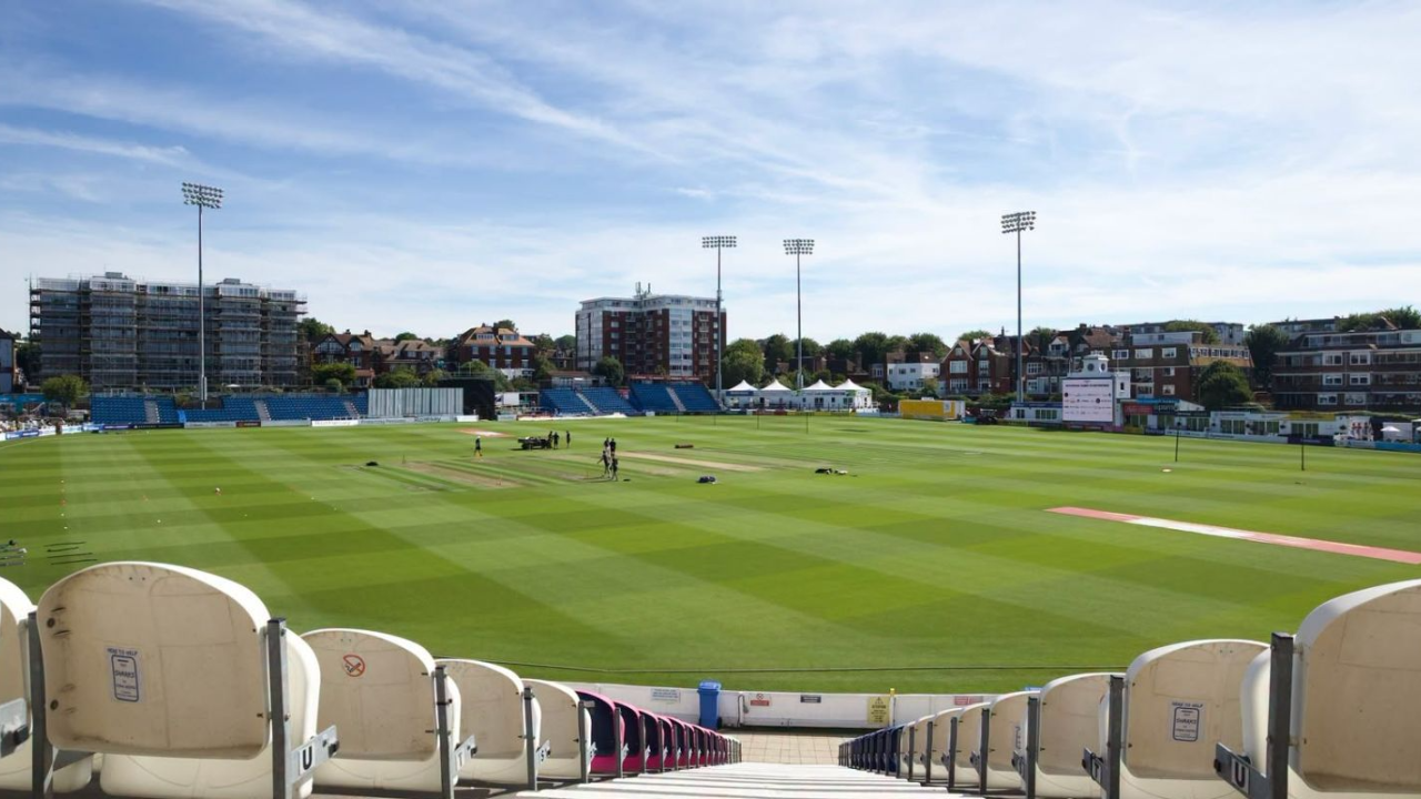 View of Sussex Cricket Ground with the cricket pitch and stands