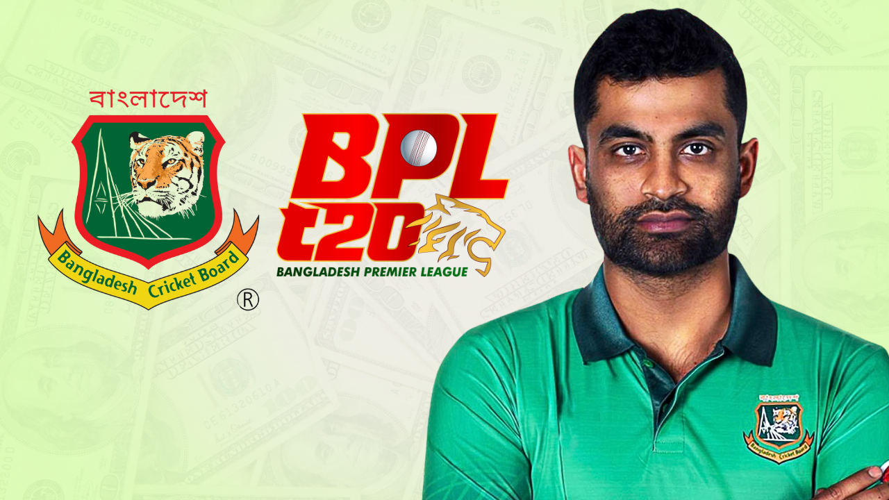 Tamim Iqbal alongside Bangladesh Cricket Board and Bangladesh Premier League logos