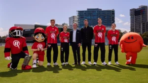 Sophie Molineux, Georgia Wareham, Jason Behrendorff and Harry Dixon at the Tangerine and Melbourne Renegades partnership renewal