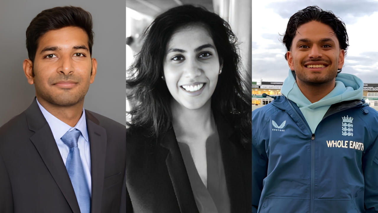 Portraits of Tushar Mittal, Geetanjali Jain and Aaron Patel.
