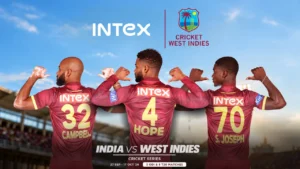 West Indies cricketers John Campbell, Shai Hope and Shamar Joseph promote the Intex-sponsored India vs West Indies cricket series in 2026.
