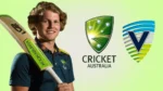 Will Pucovski holding a cricket bat alongside Cricket Australia and Cricket Victoria logos
