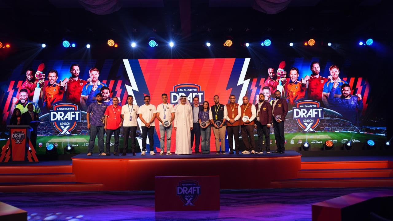 Team representatives and officials pose on stage during the 2026 Abu Dhabi T10 Player Draft