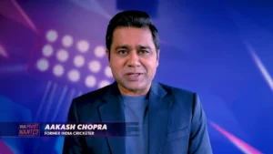 Aakash Chopra, former Indian cricketer and cricket commentator, speaking on camera during a cricket analysis show.