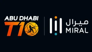 Abu Dhabi T10 Cricket League and Miral logos displayed side by side on a dark background, highlighting their partnership.