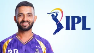 Ajinkya Rahane wearing a Kolkata Knight Riders (KKR) jersey, pictured alongside the Indian Premier League (IPL) logo.