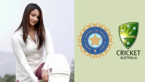 Anaya Bangar wearing white cricket attire and holding cricket equipment, pictured alongside the BCCI and Cricket Australia logos.