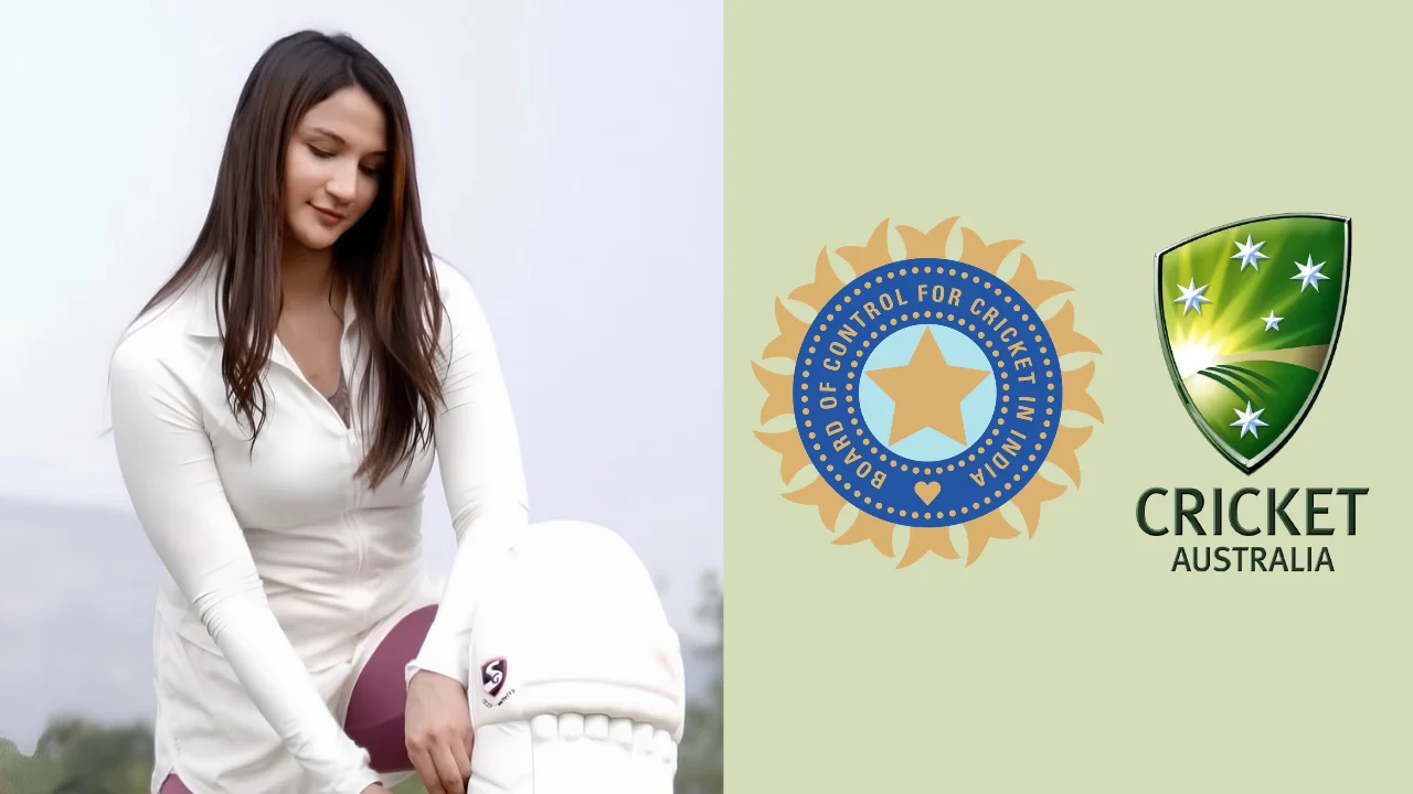Anaya Bangar wearing white cricket attire and holding cricket equipment, pictured alongside the BCCI and Cricket Australia logos.