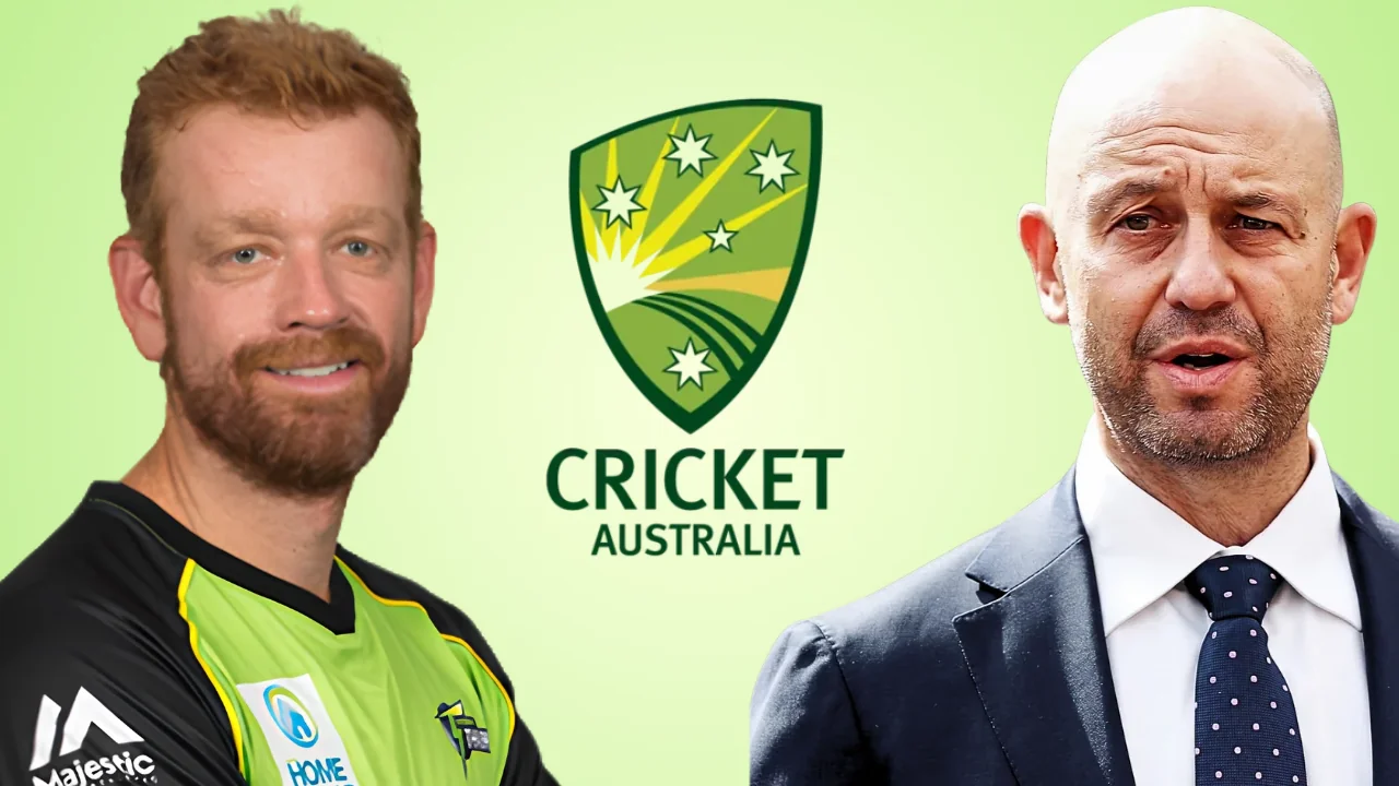 Australian cricket coach Andrew McDonald and Cricket Australia CEO Todd Greenberg pictured alongside the Cricket Australia logo on a light green background.