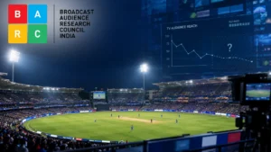 Broadcast Audience Research Council (BARC) India logo displayed over a packed cricket stadium, alongside a television audience ratings graph highlighting cricket viewership trends.