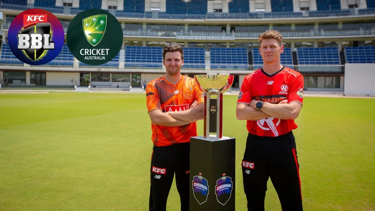 BBL Big Bash League and Cricket Australia logos alongside two cricket players posing with the Big Bash League trophy at a stadium.