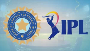 Board of Control for Cricket in India (BCCI) and Indian Premier League (IPL) logos displayed against a cricket stadium background with a meeting table.