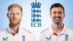 England cricketers Ben Stokes and Mark Wood pictured in England Test cricket jerseys alongside the England and Wales Cricket Board (ECB) logo.