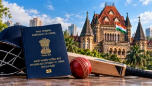 Overseas Citizen of India (OCI) card alongside cricket equipment, with the Bombay High Court and Indian national flag in the background.