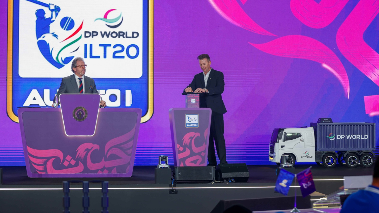 Brett Lee, DP World ILT20 Season 5 ambassador, on stage during an ILT20 event