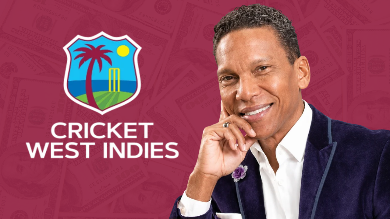 Chris Dehring featured alongside the Cricket West Indies (CWI) logo against a maroon background with US dollar banknotes, highlighting cricket finances.