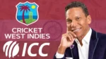 Chris Dehring pictured alongside Cricket West Indies (CWI) and International Cricket Council (ICC) logos against a background featuring US dollar bills.
