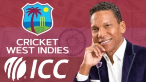 Chris Dehring pictured alongside Cricket West Indies (CWI) and International Cricket Council (ICC) logos against a background featuring US dollar bills.