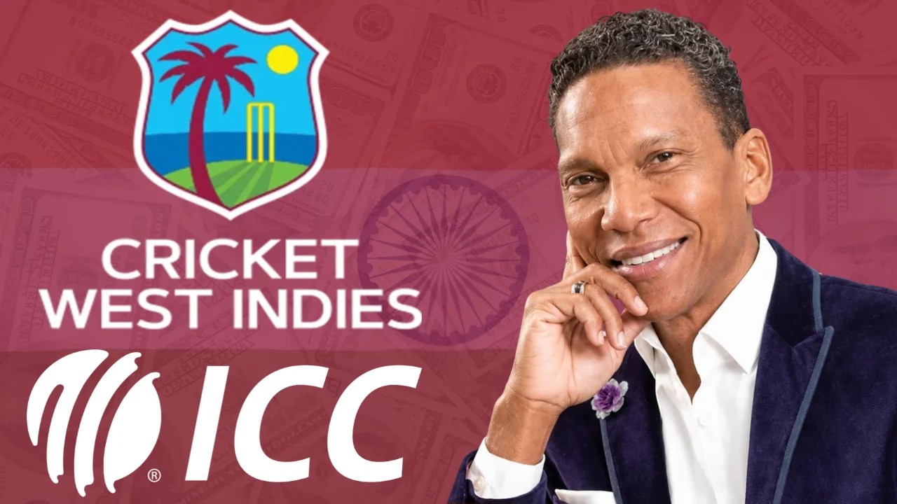 Chris Dehring pictured alongside Cricket West Indies (CWI) and International Cricket Council (ICC) logos against a background featuring US dollar bills.