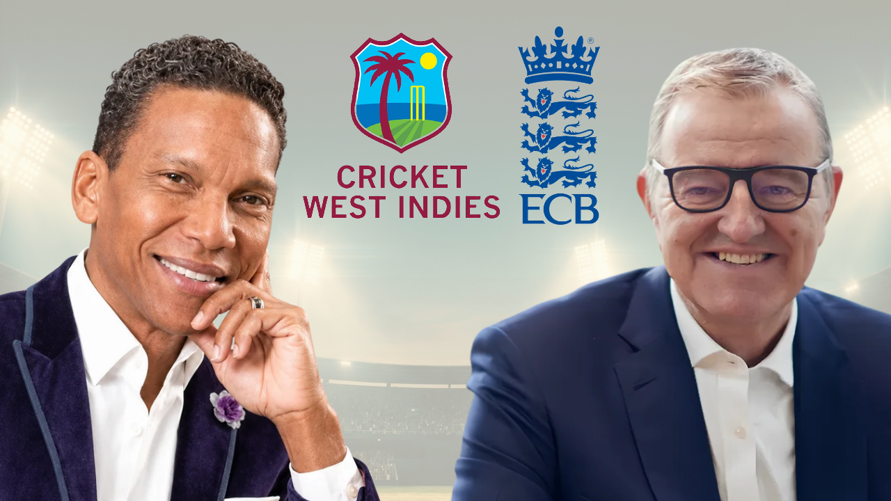 Chris Dehring and Richard Thompson pictured alongside the Cricket West Indies (CWI) and England and Wales Cricket Board (ECB) logos, with a cricket stadium in the background.