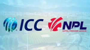 Cricket Association of Nepal (CAN), International Cricket Council (ICC) and Nepal Premier League (NPL) logos displayed over a cricket stadium in Nepal.