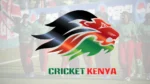 Cricket Kenya logo featuring a stylized lion in Kenyan national colours, displayed over a background of Kenya national cricket team players.