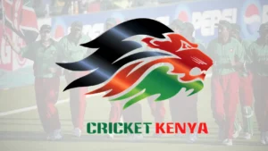 Cricket Kenya logo featuring a stylized lion in Kenyan national colours, displayed over a background of Kenya national cricket team players.