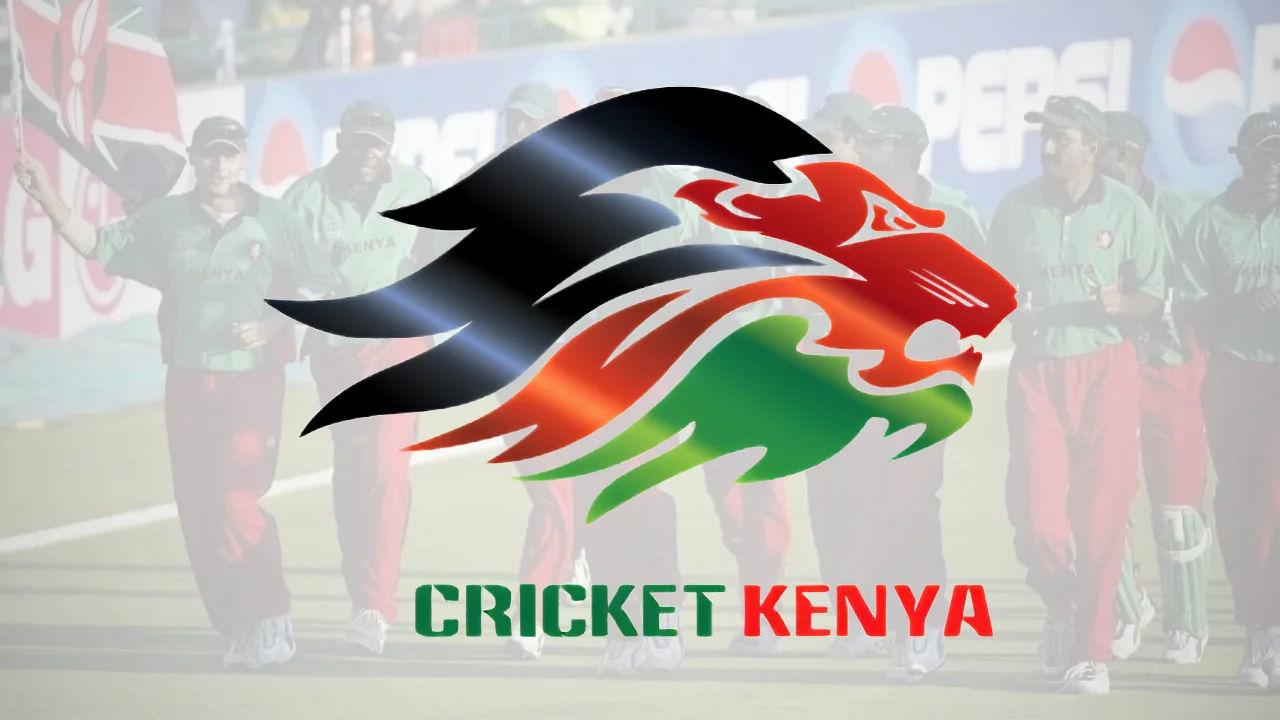 Cricket Kenya logo featuring a stylized lion in Kenyan national colours, displayed over a background of Kenya national cricket team players.