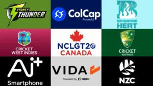 Collage featuring Sydney Thunder, Brisbane Heat, Cricket West Indies, NCL T20 Canada, Cricket Australia and NZC logos alongside CalCap Financial, Ai+ Smartphone and VIDA sponsors.