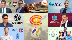 Cricket news collage featuring Cricket Australia, BBL, ICC, West Indies, PCB, MCC, Asian Games 2026 and prominent cricket figures