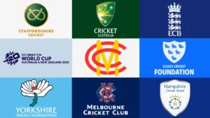 Logos of international cricket boards, clubs, foundations and the ICC Men's T20 World Cup 2028