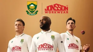 South African Proteas cricketers wearing white Test jerseys featuring Jonsson Workwear branding, alongside Cricket South Africa and Jonsson Workwear logos.