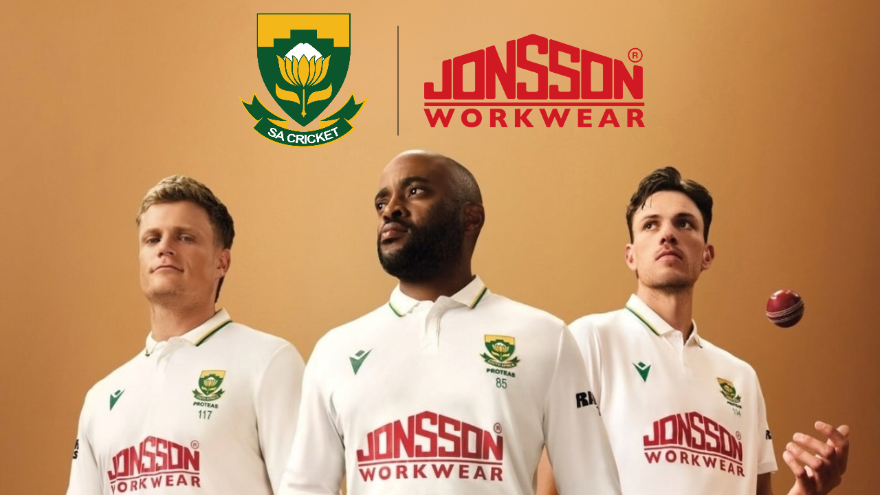 South African Proteas cricketers wearing white Test jerseys featuring Jonsson Workwear branding, alongside Cricket South Africa and Jonsson Workwear logos.