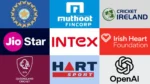 Logos of BCCI, Muthoot Fincorp, Cricket Ireland, JioStar, INTEX, Irish Heart Foundation, Queensland Cricket, HART Sport and OpenAI