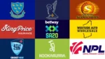Collage of cricket team, league and sponsor logos, including Sussex Cricket, Perth Scorchers, SA20, Nepal Premier League, Cricket NSW, Kookaburra and King Price Insurance.