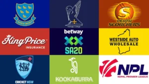 Collage of cricket team, league and sponsor logos, including Sussex Cricket, Perth Scorchers, SA20, Nepal Premier League, Cricket NSW, Kookaburra and King Price Insurance.