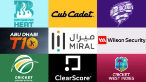 Collage featuring Brisbane Heat, Hobart Hurricanes, Abu Dhabi T10, Cricket South Africa and Cricket West Indies logos alongside sponsors Cub Cadet, Miral, Wilson Security and ClearScore.