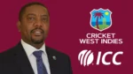 Former Cricket West Indies (CWI) president Dave Cameron pictured alongside the Cricket West Indies and International Cricket Council (ICC) logos.