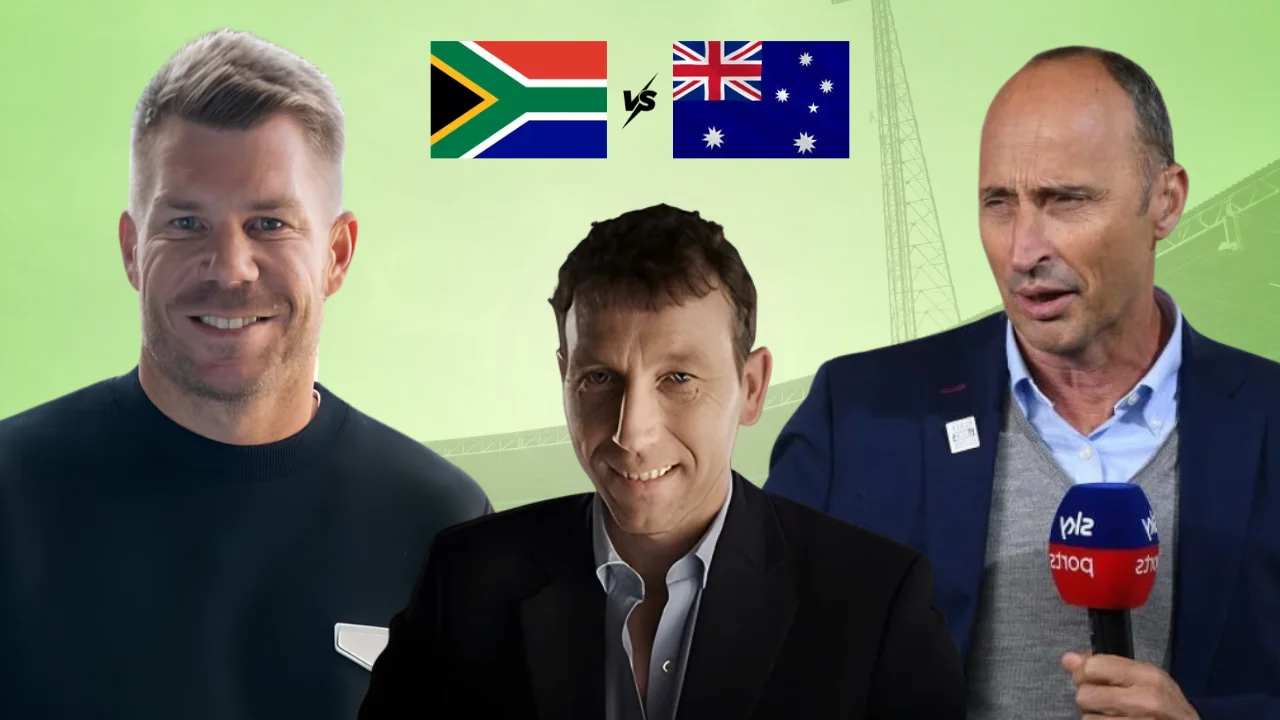 David Warner, Michael Atherton and Nasser Hussain featured in a cricket graphic with South Africa and Australia flags, highlighting the South Africa vs Australia cricket rivalry.